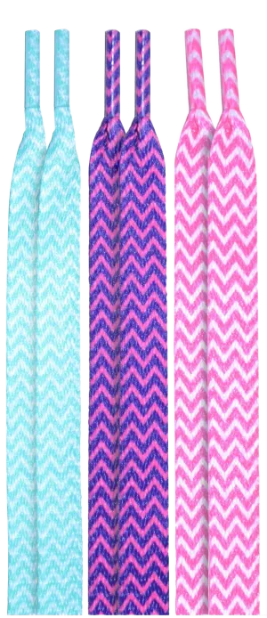 10 Seconds® Classic Flat Laces | Teal/Purple/Pink Chevron Printed Multi-Pack