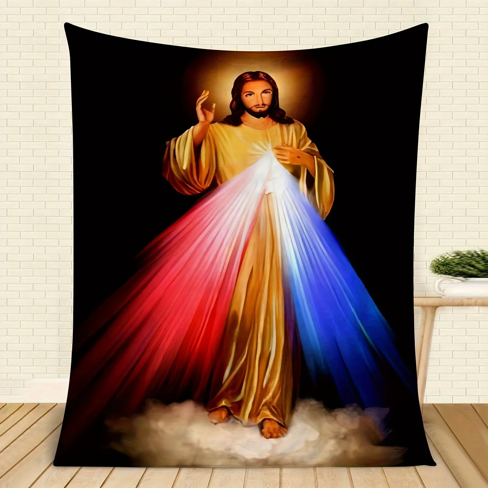1pc Cozy Ray of Jesus Print Flannel Blanket - Soft, Warm, and Multi-Purpose Throw for Couch, Sofa, Office, Bed, Camping, and Travel - Perfect Gift for All Seasons