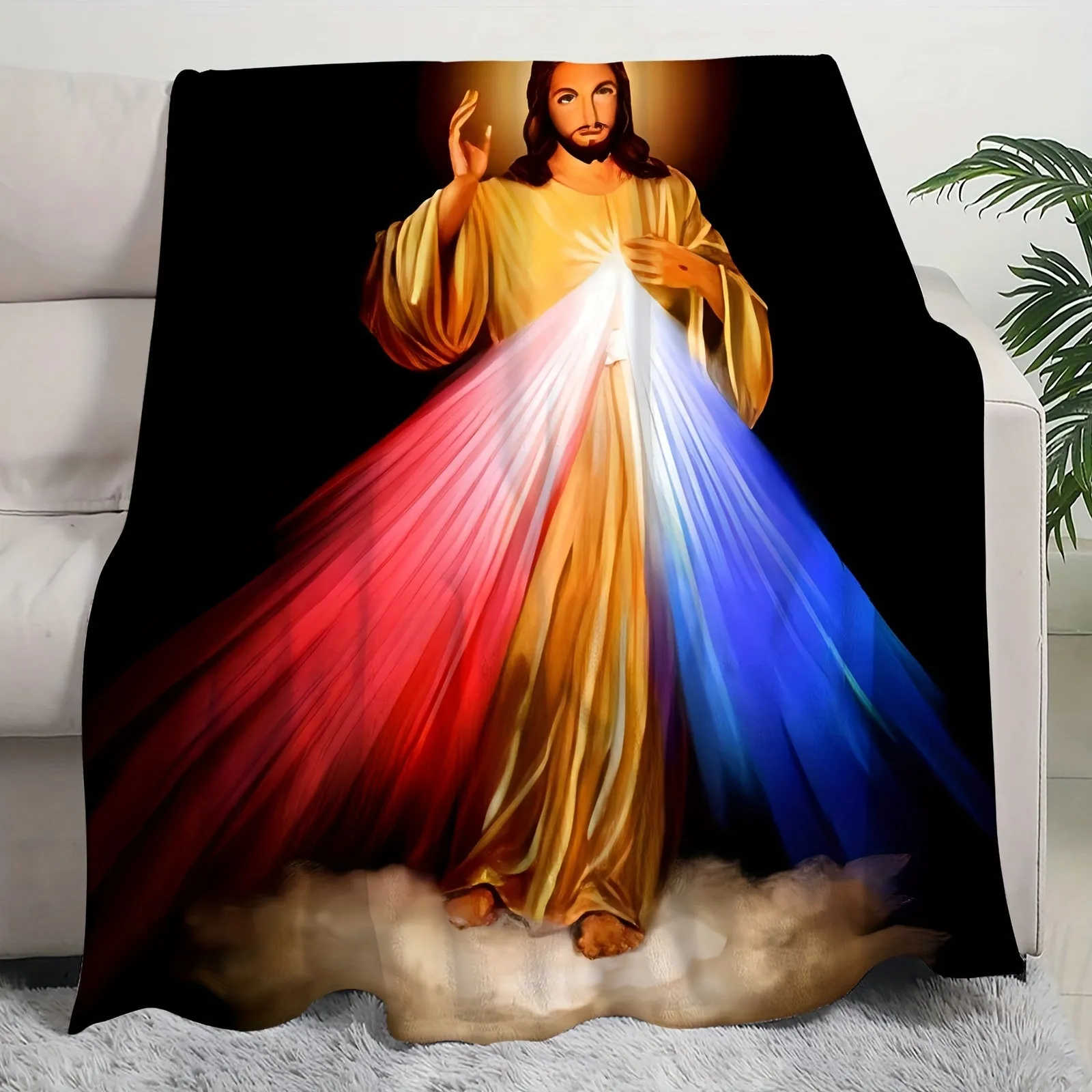 1pc Cozy Ray of Jesus Print Flannel Blanket - Soft, Warm, and Multi-Purpose Throw for Couch, Sofa, Office, Bed, Camping, and Travel - Perfect Gift for All Seasons