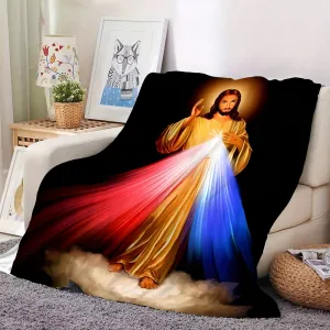 1pc Cozy Ray of Jesus Print Flannel Blanket - Soft, Warm, and Multi-Purpose Throw for Couch, Sofa, Office, Bed, Camping, and Travel - Perfect Gift for All Seasons