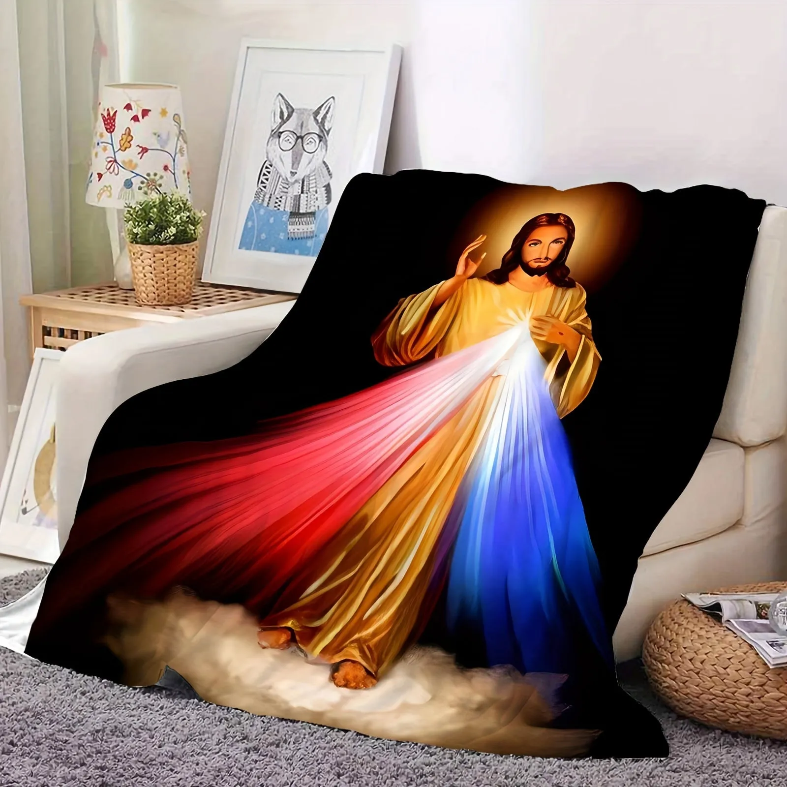 1pc Cozy Ray of Jesus Print Flannel Blanket - Soft, Warm, and Multi-Purpose Throw for Couch, Sofa, Office, Bed, Camping, and Travel - Perfect Gift for All Seasons