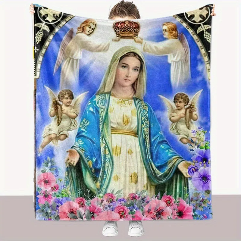 1pc Super Soft Virgin Mary Printed Fleece Blanket - Lightweight, Warm, Fluffy, and Fuzzy for Cozy Bed, Sofa, Couch, Office Nap, Car, Airplane Travel, and Camping - Ideal Bedding and Home Textiles for Cold Winter Nights