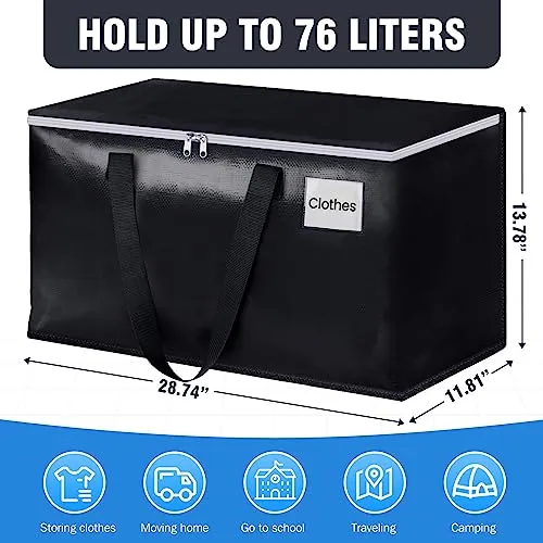 BlissTotes Moving Bags, Heavy Duty Moving Boxes with Zippers Top and Sturdy Handles, Storage Bags for Space Saving and Packing, Collapsible Moving Supplies, Storage Totes (76L, 2-Pack, Black)