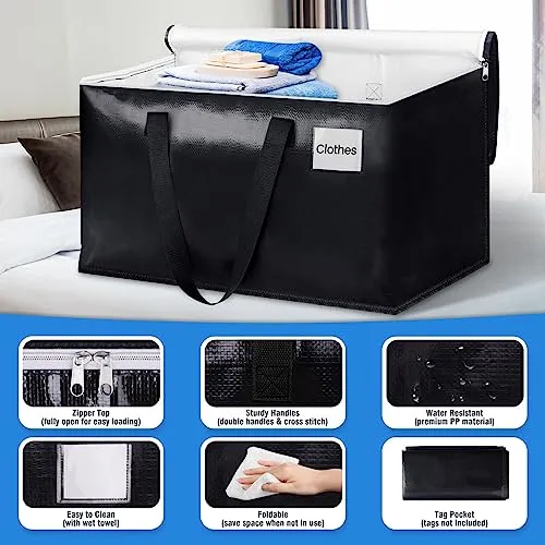 BlissTotes Moving Bags, Heavy Duty Moving Boxes with Zippers Top and Sturdy Handles, Storage Bags for Space Saving and Packing, Collapsible Moving Supplies, Storage Totes (76L, 2-Pack, Black)