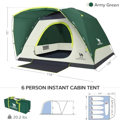 CAMEL CROWN Tents for Camping, 3/4/5/6 Person Waterproof Tent Skydome Camping Tent Easy Setup Backpacking Family Tents with Floor Mats and Attached Porch for Outdoor Hiking