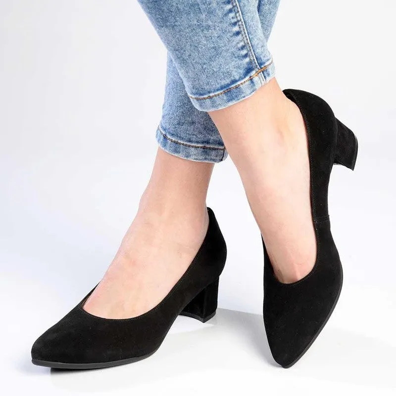 Froggie Spring Leather Block Court Heel - Black