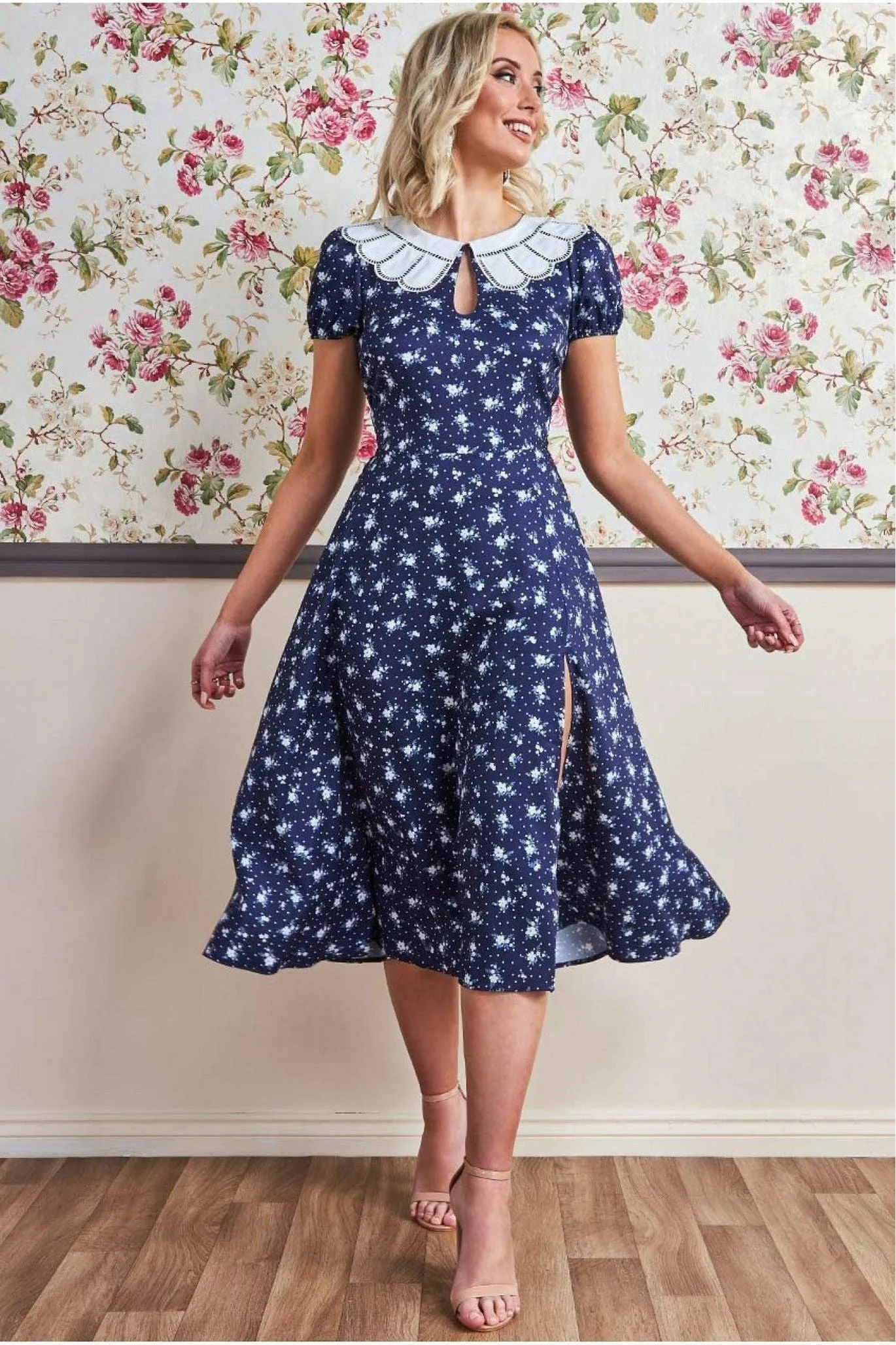 Goddiva Printed Midi With Front Split - Navy