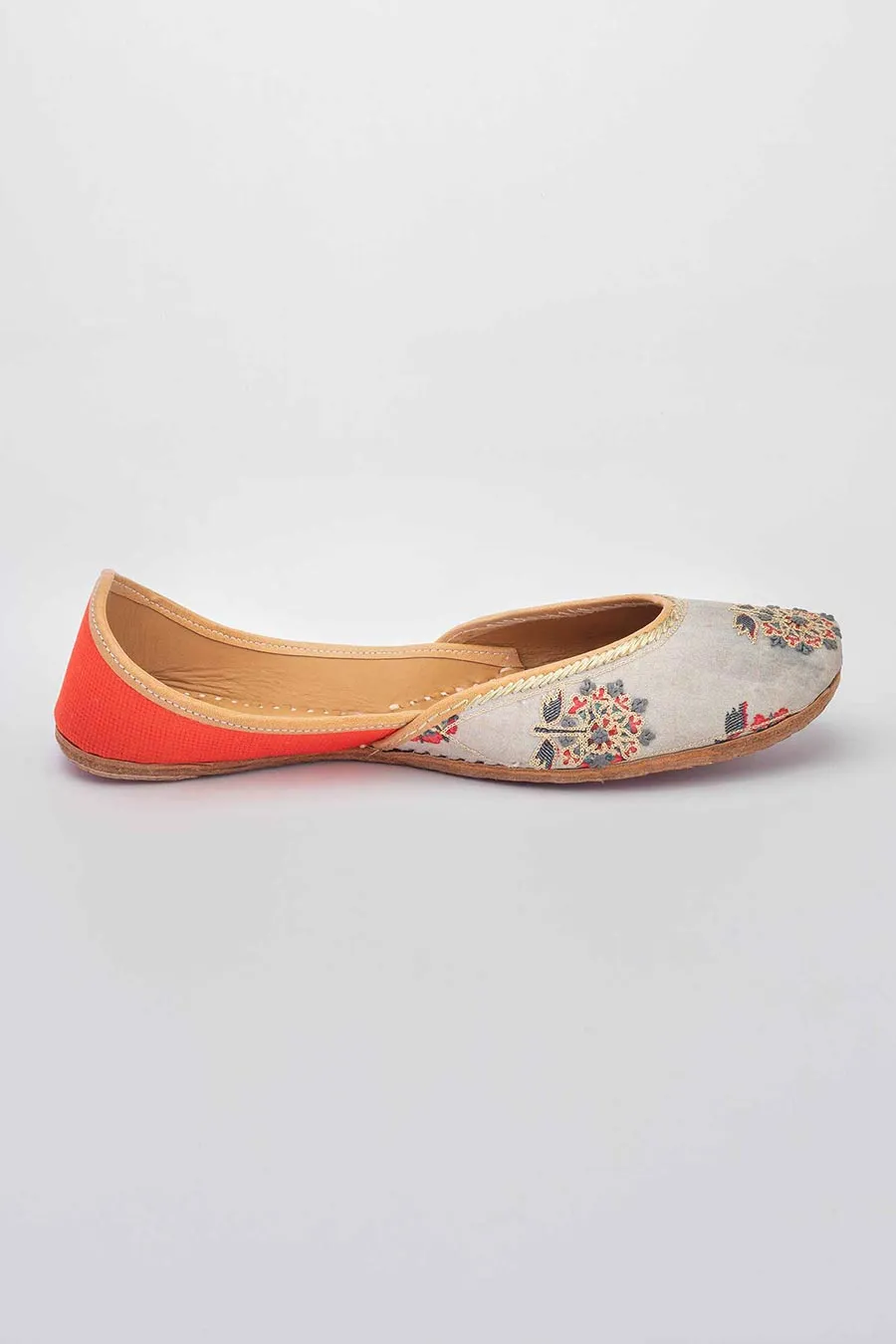Grey & Orange Print Jutti With Zari Work