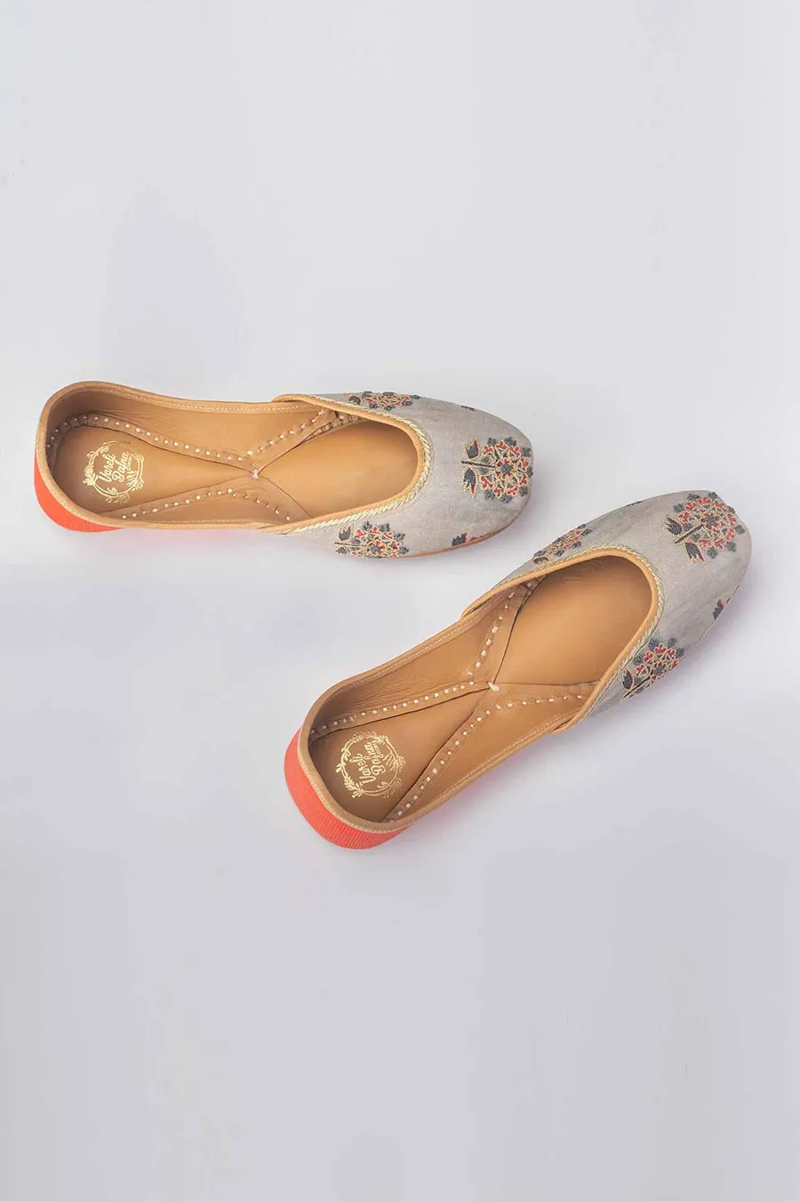 Grey & Orange Print Jutti With Zari Work