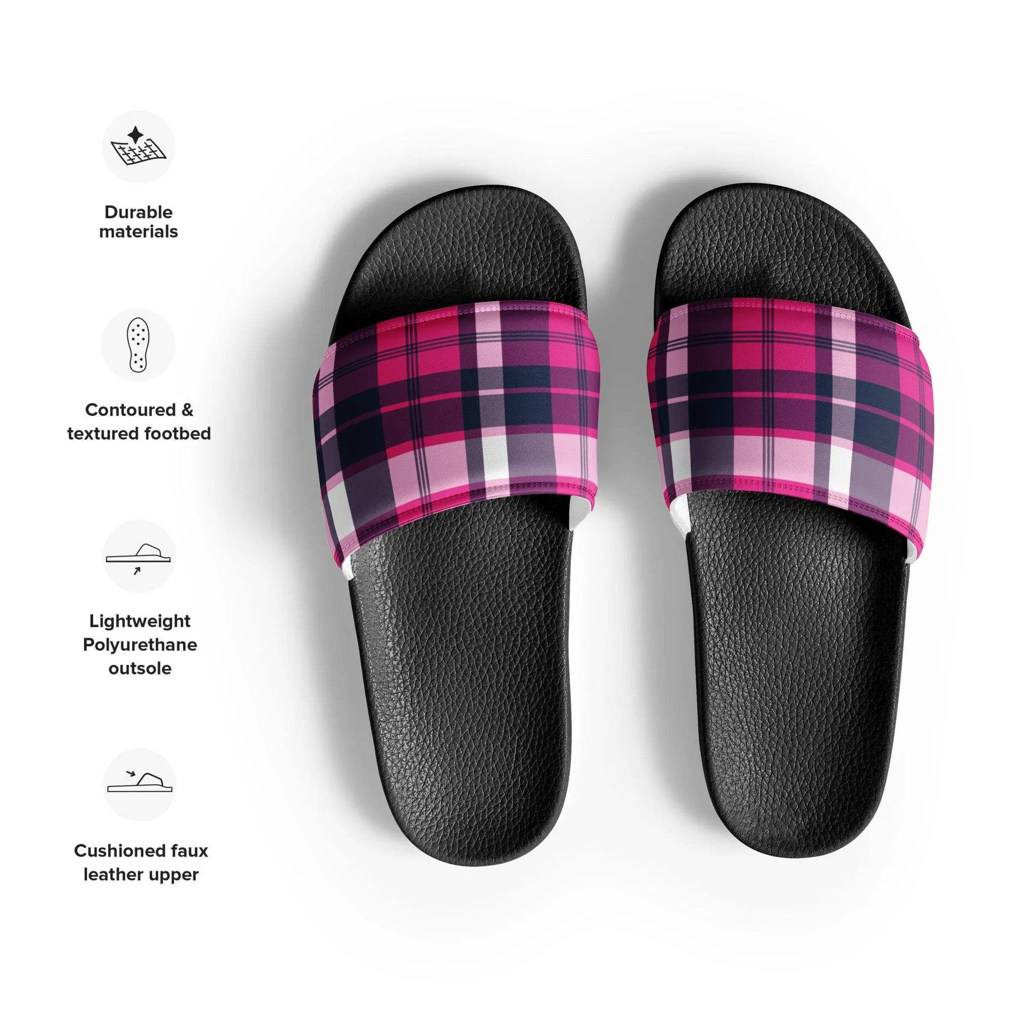 Hot Pink and Navy Blue Preppy Surfer Plaid Women’s Slide Sandals