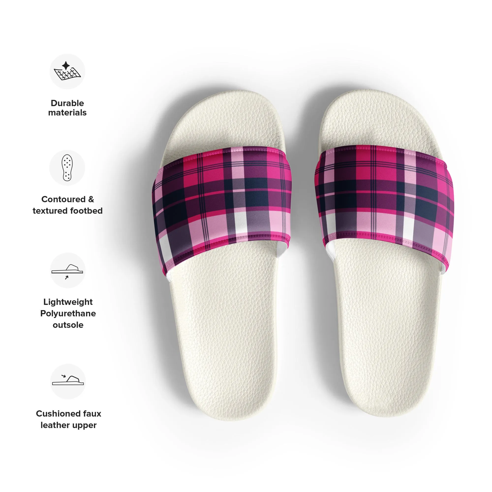 Hot Pink and Navy Blue Preppy Surfer Plaid Women’s Slide Sandals
