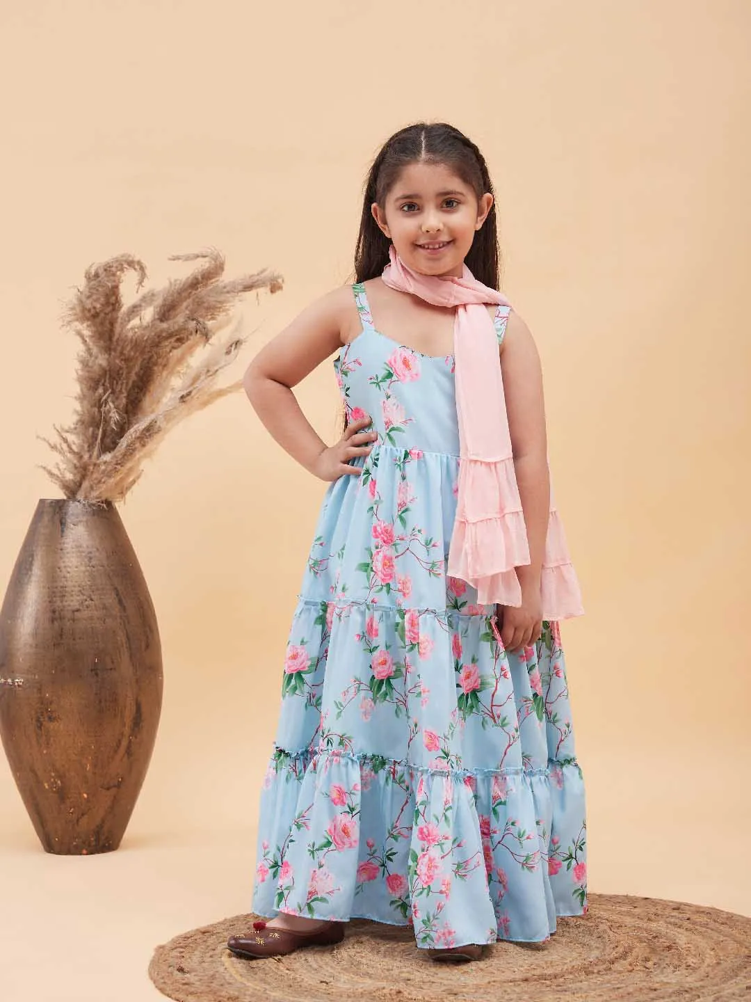 Jashvi Girl's Aqua blue Floral Print Anarkali With Pink Dupatta