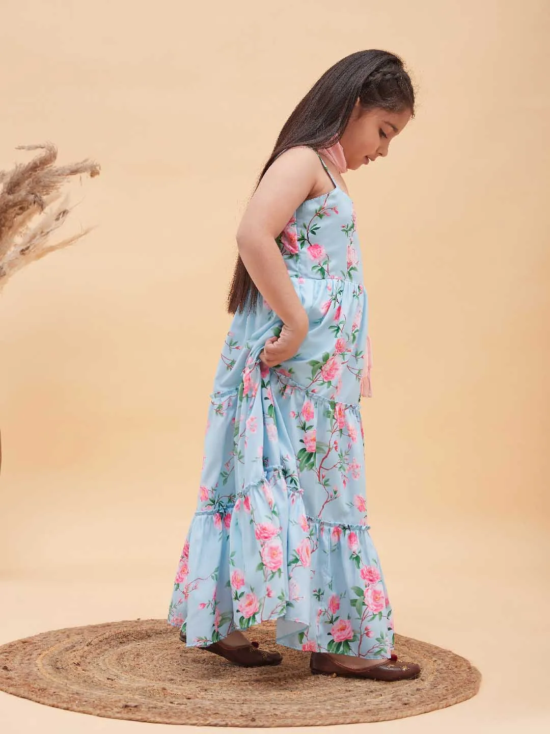 Jashvi Girl's Aqua blue Floral Print Anarkali With Pink Dupatta
