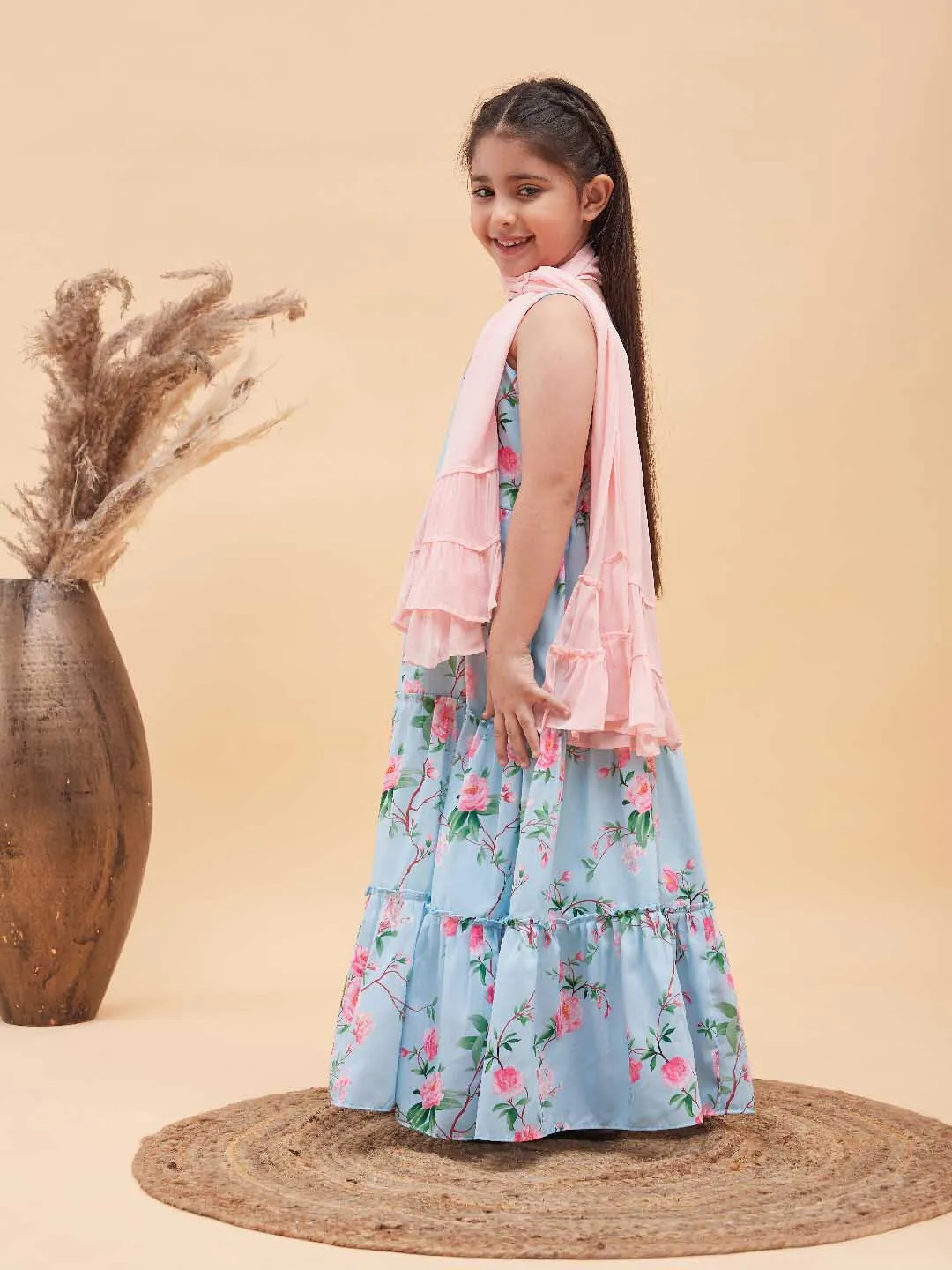 Jashvi Girl's Aqua blue Floral Print Anarkali With Pink Dupatta