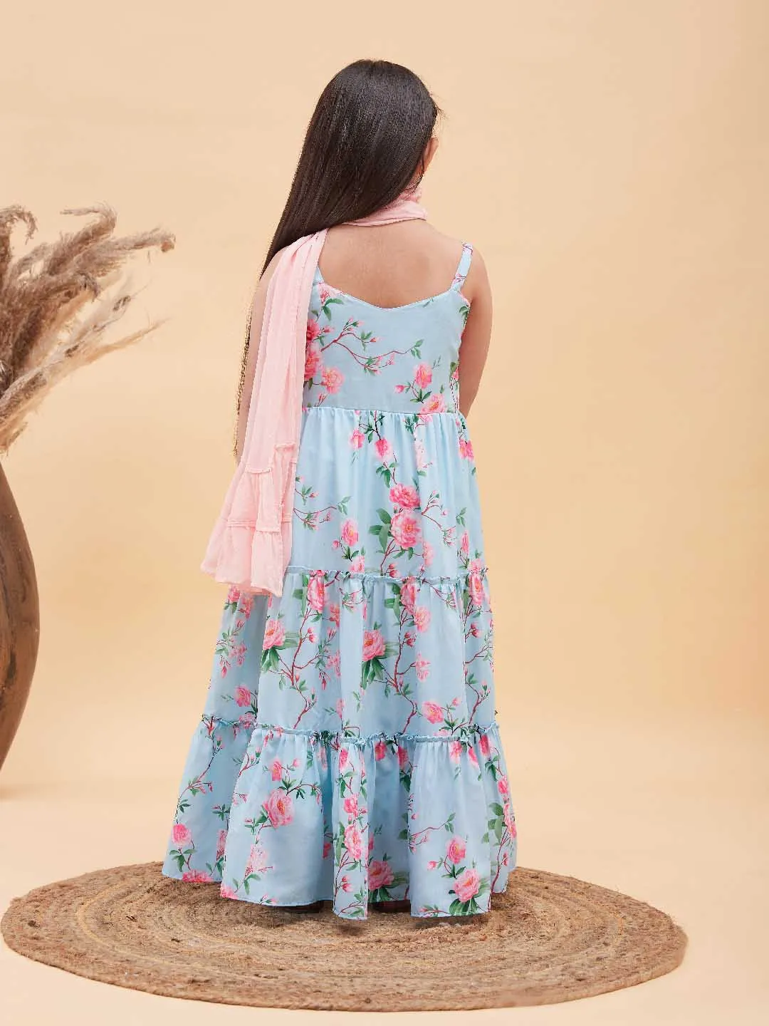Jashvi Girl's Aqua blue Floral Print Anarkali With Pink Dupatta
