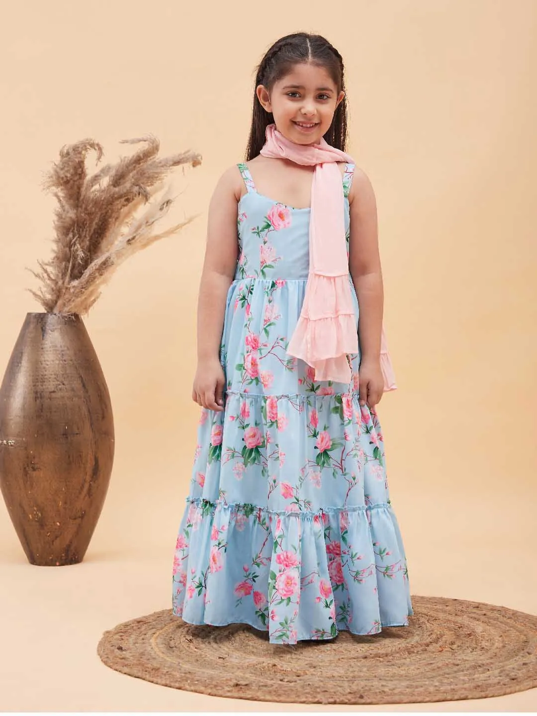 Jashvi Girl's Aqua blue Floral Print Anarkali With Pink Dupatta