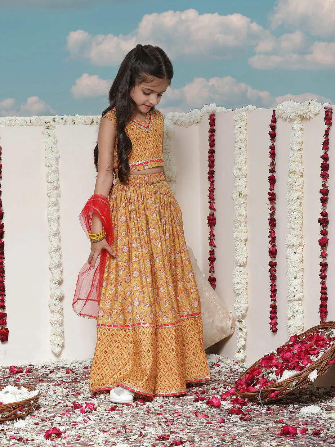 Jashvi Girls' Floral Printed Lehenga Choli With Dupatta