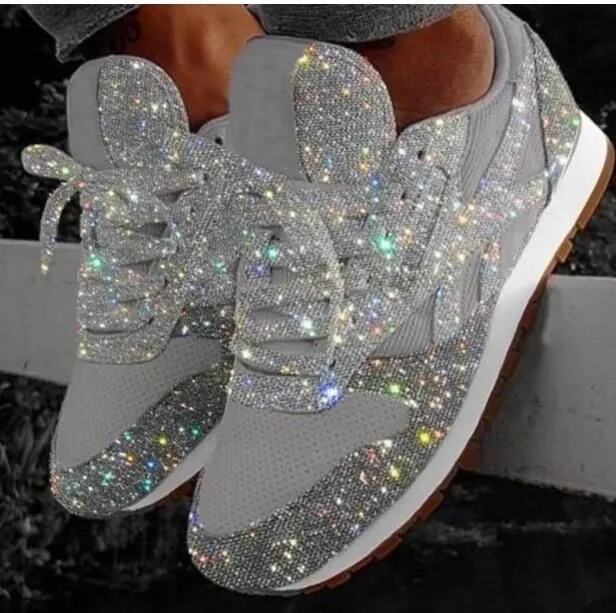 JOSKAA Plus Size Women Casual Glitter Shoes Mesh Flat Shoes Ladies Sequin Vulcanized Shoes Lace Up Sneakers Outdoor Sport Running Shoes
