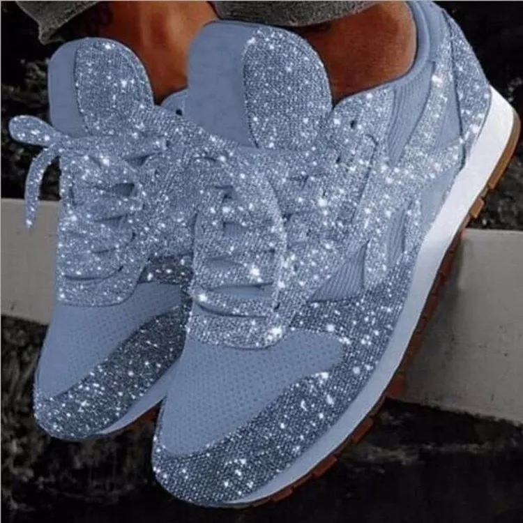 JOSKAA Plus Size Women Casual Glitter Shoes Mesh Flat Shoes Ladies Sequin Vulcanized Shoes Lace Up Sneakers Outdoor Sport Running Shoes