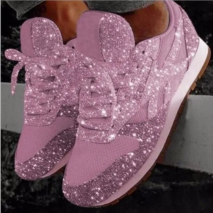 JOSKAA Plus Size Women Casual Glitter Shoes Mesh Flat Shoes Ladies Sequin Vulcanized Shoes Lace Up Sneakers Outdoor Sport Running Shoes