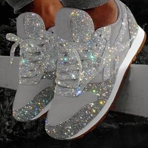 JOSKAA Plus Size Women Casual Glitter Shoes Mesh Flat Shoes Ladies Sequin Vulcanized Shoes Lace Up Sneakers Outdoor Sport Running Shoes