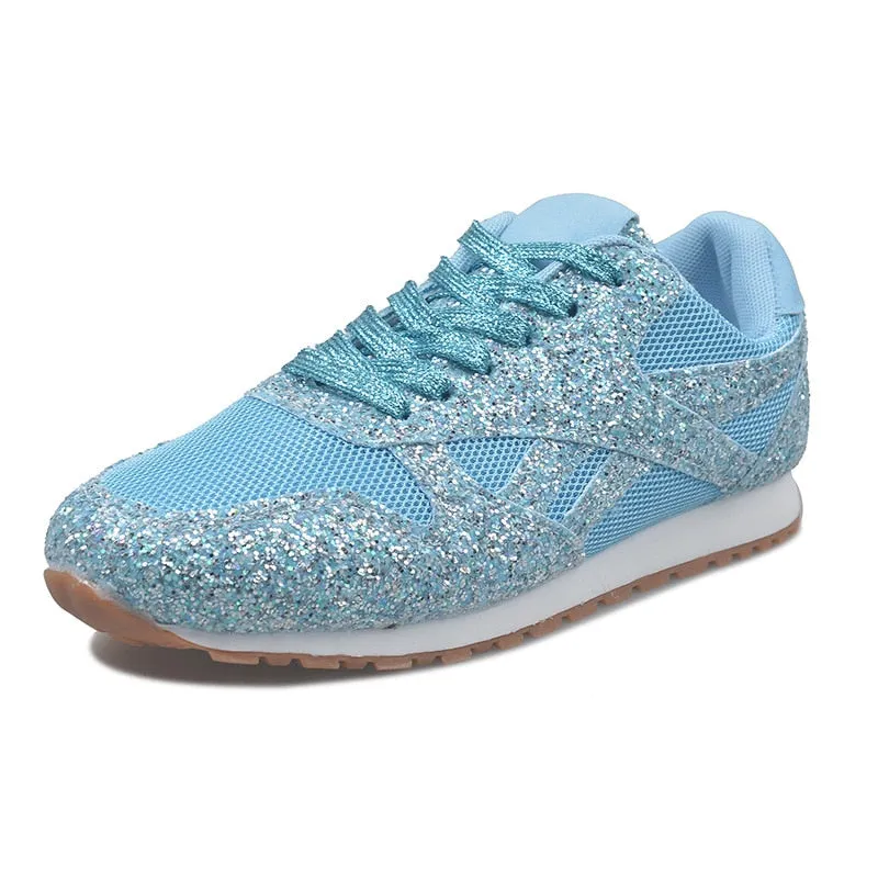 JOSKAA Plus Size Women Casual Glitter Shoes Mesh Flat Shoes Ladies Sequin Vulcanized Shoes Lace Up Sneakers Outdoor Sport Running Shoes