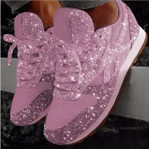 JOSKAA Plus Size Women Casual Glitter Shoes Mesh Flat Shoes Ladies Sequin Vulcanized Shoes Lace Up Sneakers Outdoor Sport Running Shoes