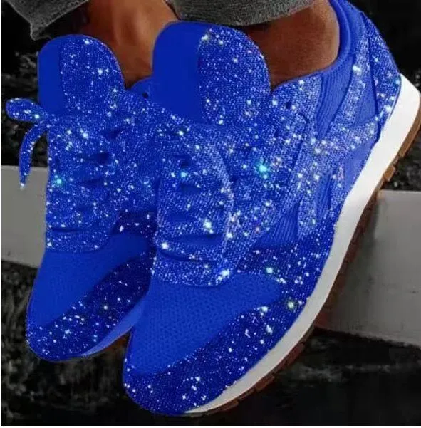 JOSKAA Plus Size Women Casual Glitter Shoes Mesh Flat Shoes Ladies Sequin Vulcanized Shoes Lace Up Sneakers Outdoor Sport Running Shoes