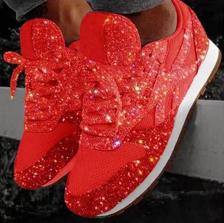 JOSKAA Plus Size Women Casual Glitter Shoes Mesh Flat Shoes Ladies Sequin Vulcanized Shoes Lace Up Sneakers Outdoor Sport Running Shoes