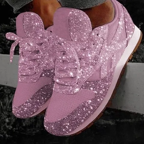 JOSKAA Plus Size Women Casual Glitter Shoes Mesh Flat Shoes Ladies Sequin Vulcanized Shoes Lace Up Sneakers Outdoor Sport Running Shoes