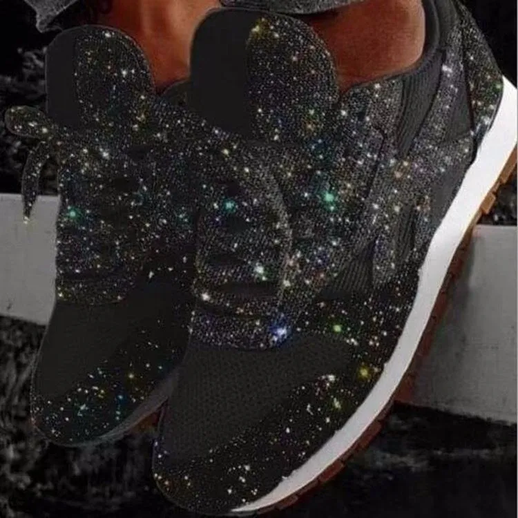 JOSKAA Plus Size Women Casual Glitter Shoes Mesh Flat Shoes Ladies Sequin Vulcanized Shoes Lace Up Sneakers Outdoor Sport Running Shoes