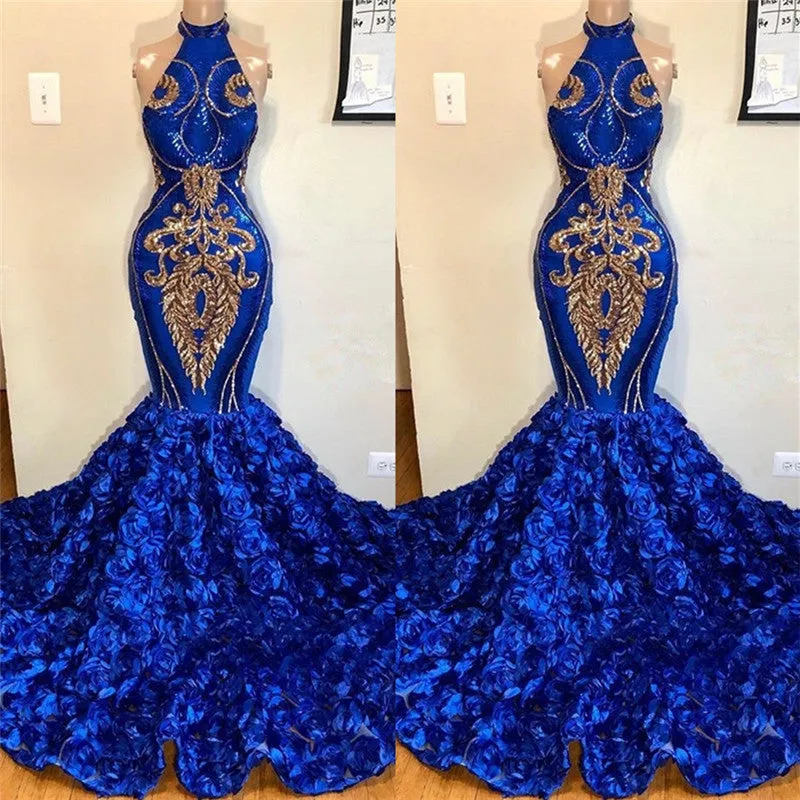 kamahe New Arrival Royal Blue Halter Mermaid Prom Dresses Gorgeous Sleeveless Flowers Long Evening Gowns