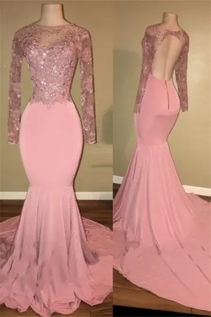 kamahe Pink Long-Sleeves Backless Beaded Mermaid Charming Prom Dresses