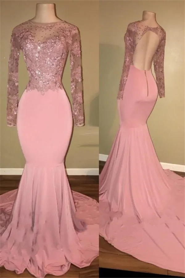 kamahe Pink Long-Sleeves Backless Beaded Mermaid Charming Prom Dresses