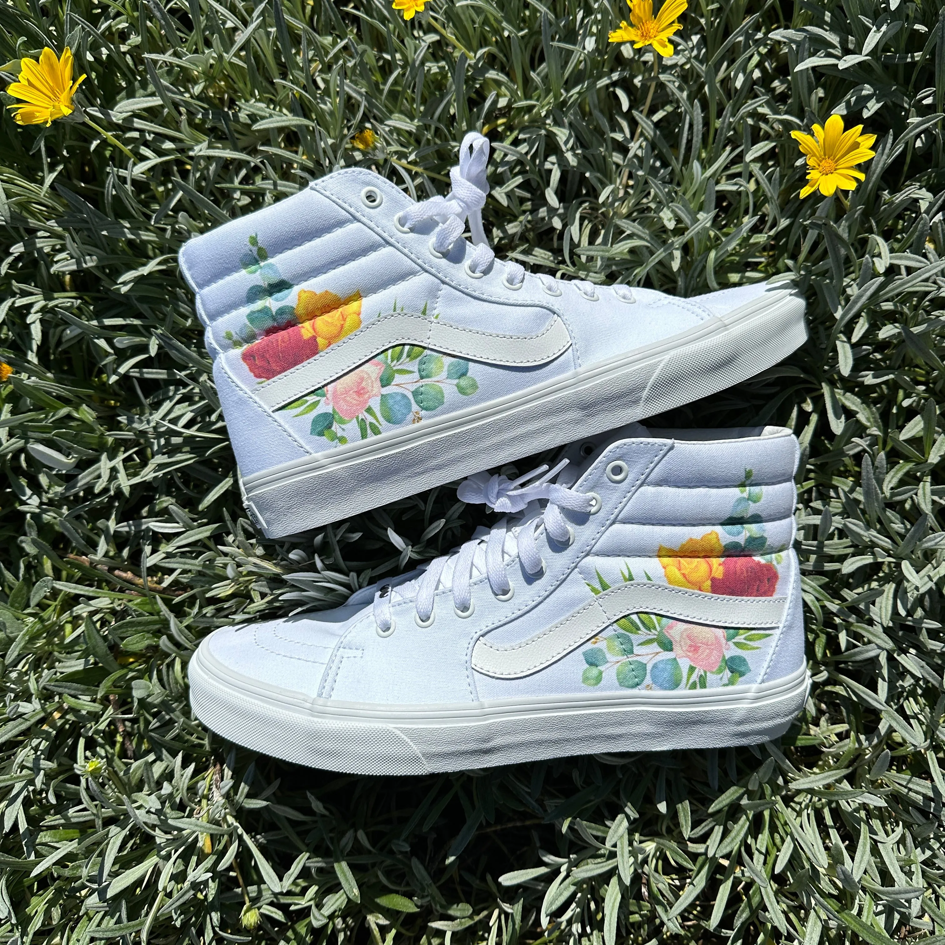 Rose Flower Red Yellow Pink Floral Spring Design - White Sk8-Hi Vans