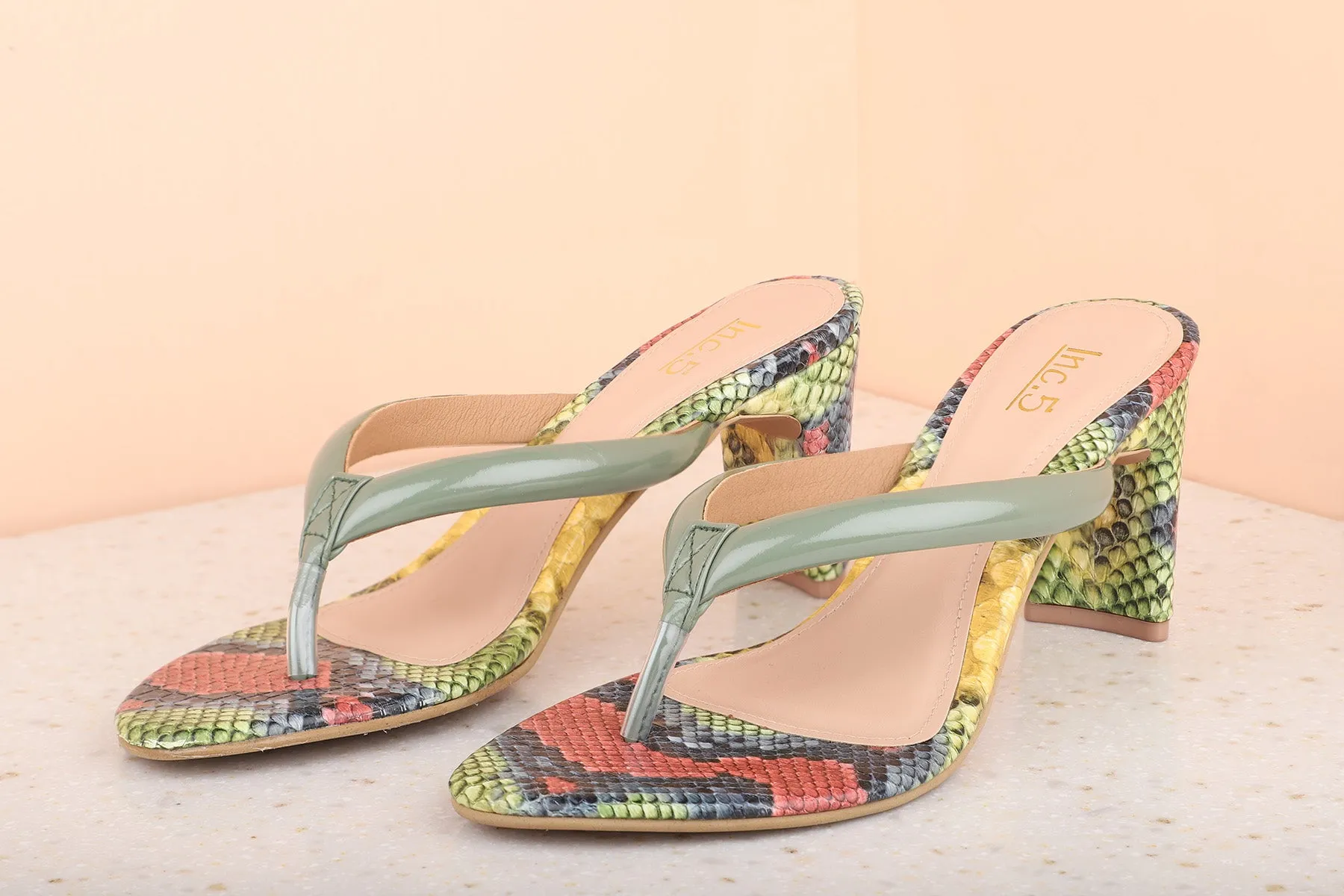 Women Green Printed Block Heels