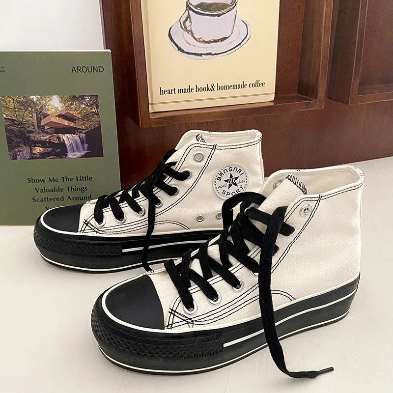 Women's White Thick-soled Thin Color Board Canvas Shoes